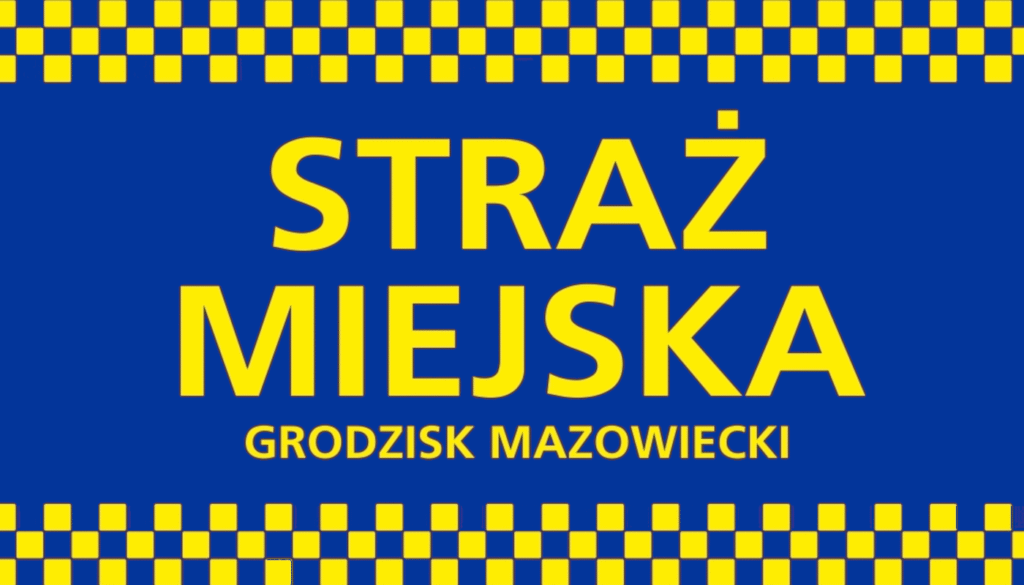 Grafika z granatowym tłem, u dołu i góry paski w postaci szachownicy żółto-granatowej oraz napisem Straż Miejska w Grodzisku Mazowieckim