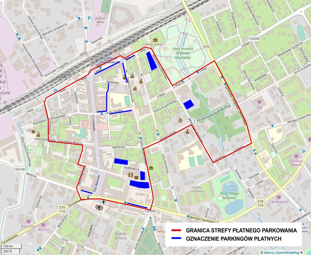 Mapa Grodziska Mazowieckiego z zaznaczonym obszarem płatnego parkowania